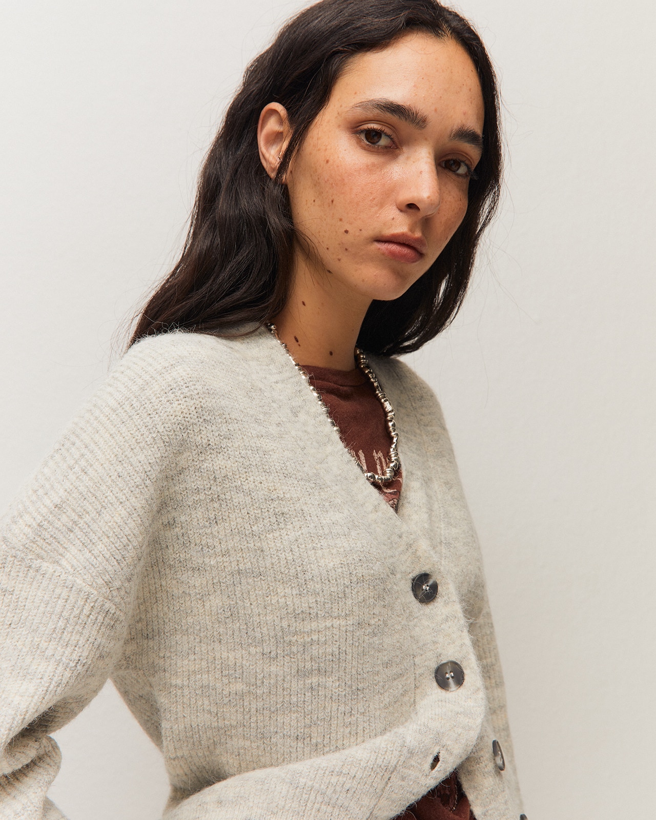 Cárdigan de mujer con escote pico y manga larga - System Action - Gris claro Gris claro-4