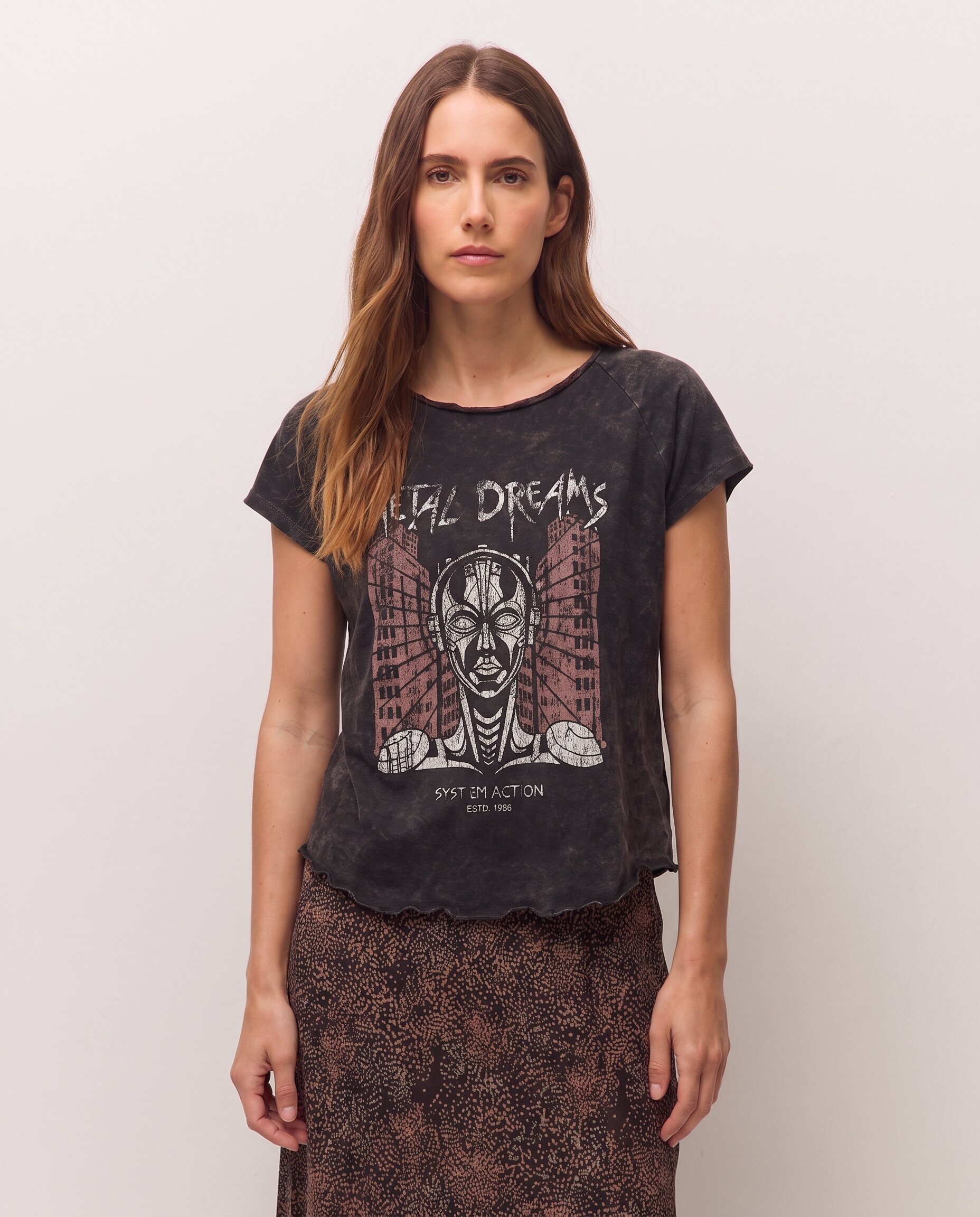 Camiseta de mujer con print posicional y manga ranglan - System Action - Gris oscuro Gris oscuro-1