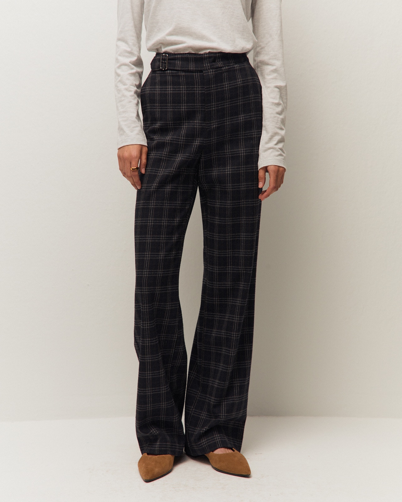 Pantalón ancho de mujer con tejido de cuadros - System Action - Azul Azul-2