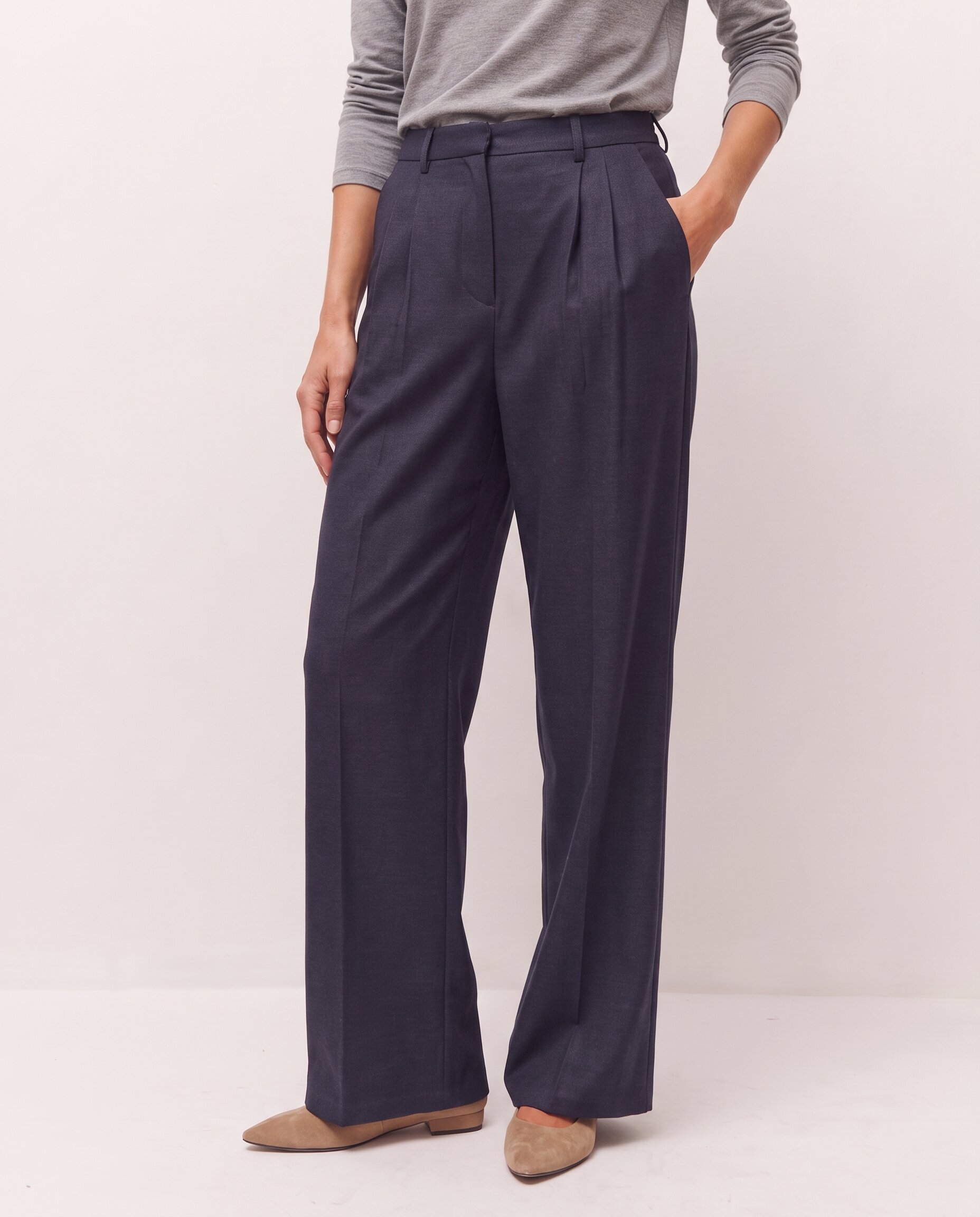 Pantalón de vestir wide leg de mujer con pinzas en la cintura - System Action - Azul marino Azul marino-2