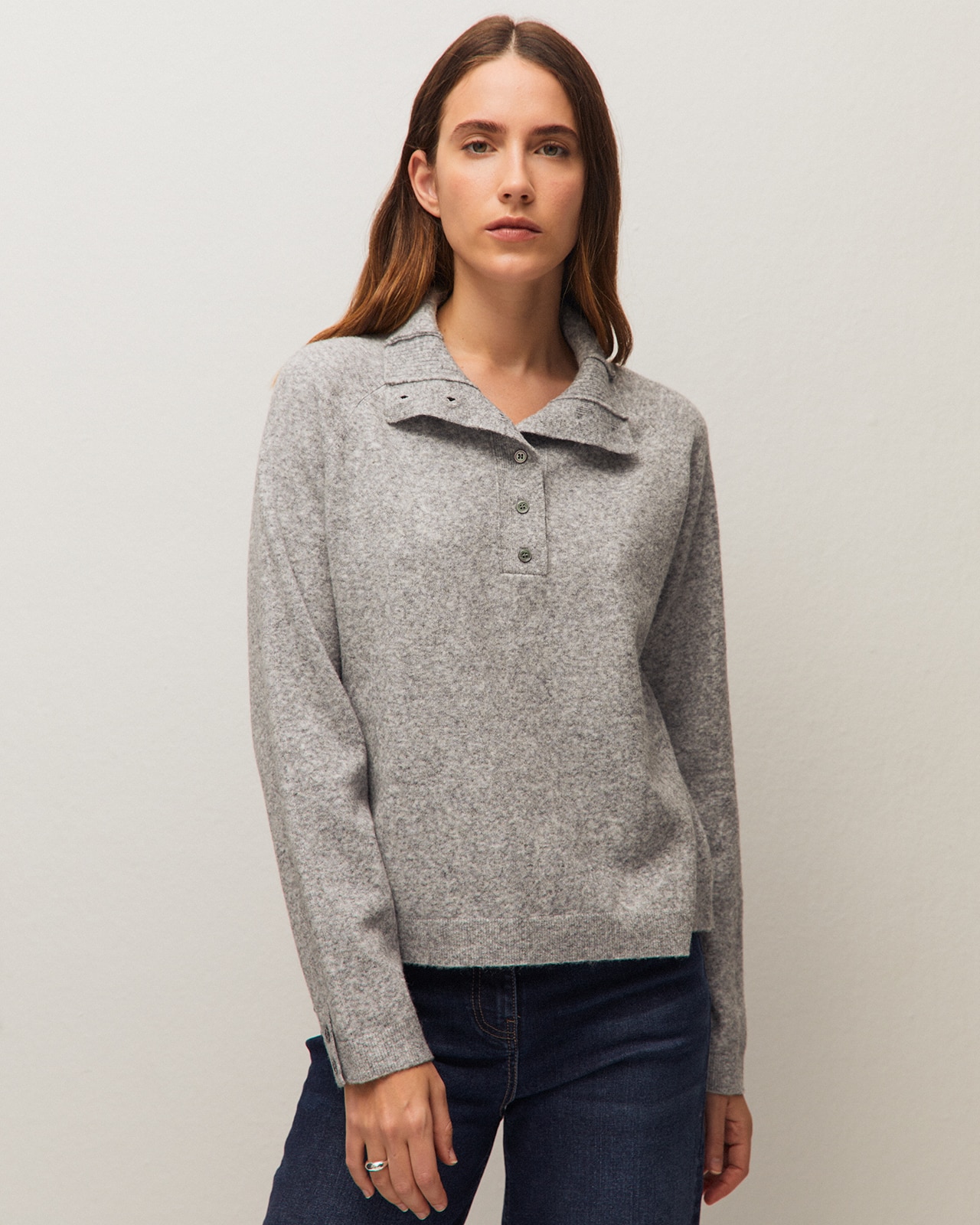 Jersey de mujer con cuello polo, bajo y puños acanalados - System Action - Gris Gris-2
