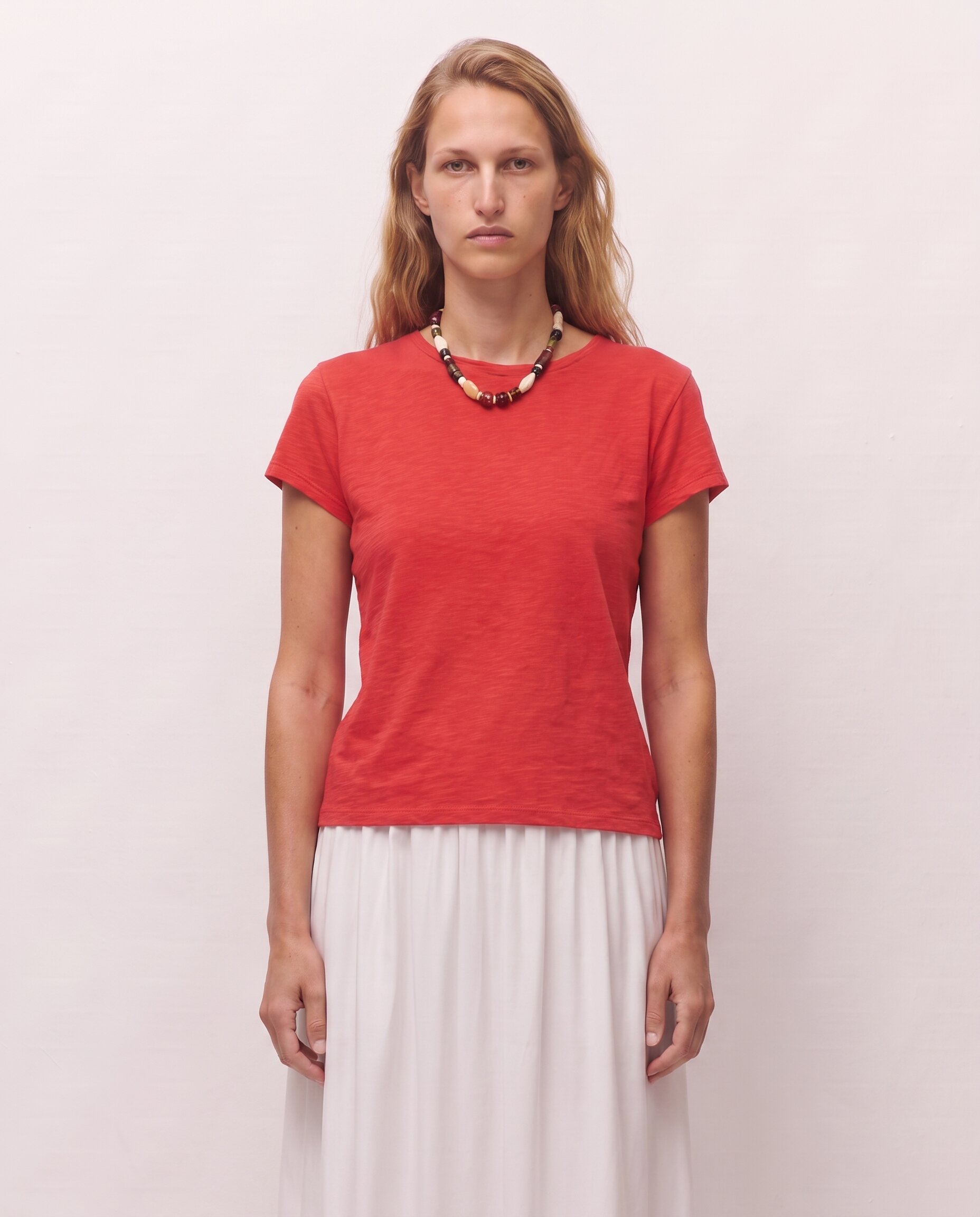 Camiseta de mujer en manga corta con tejido de flamé - System Action - Rojo Rojo-1