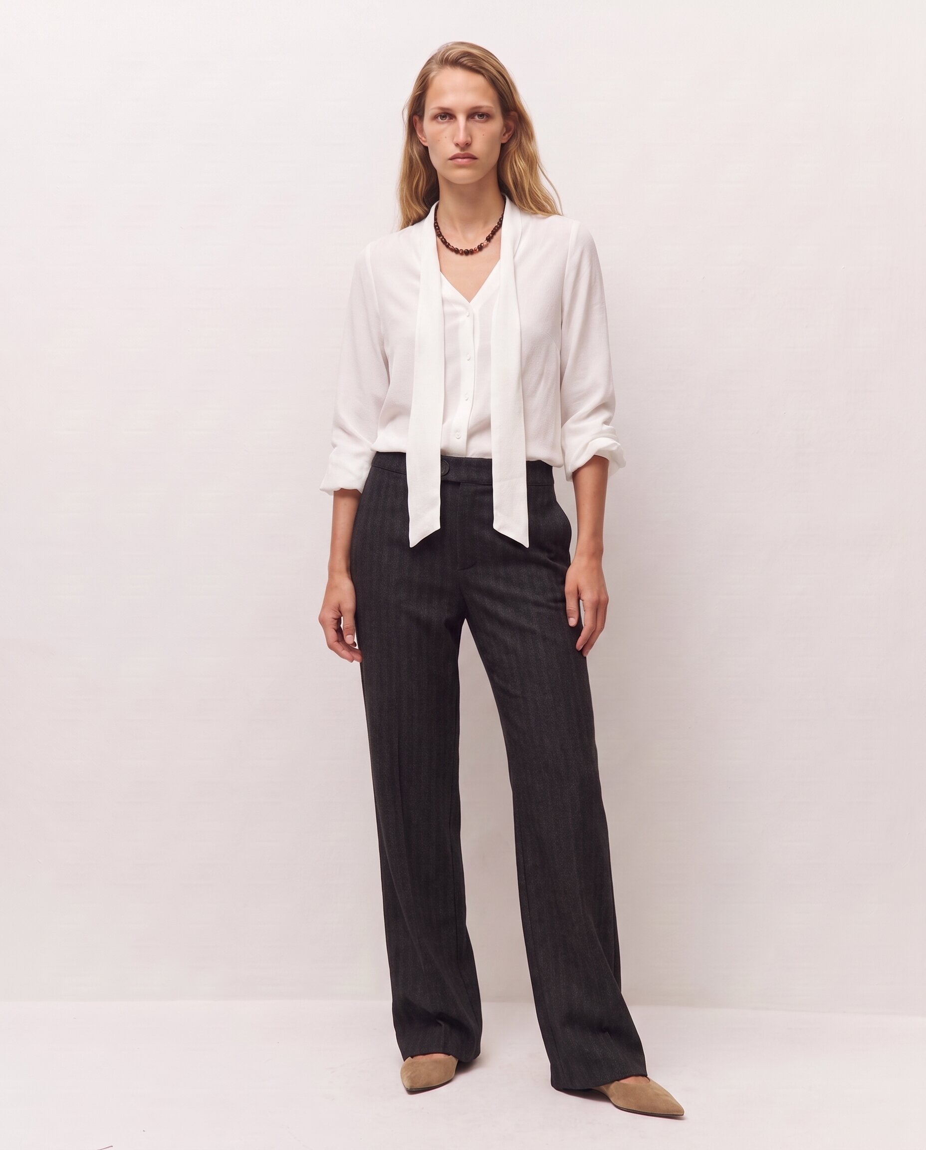 Pantalón ancho de mujer con tejido efecto denim - System Action - Negro Negro-1