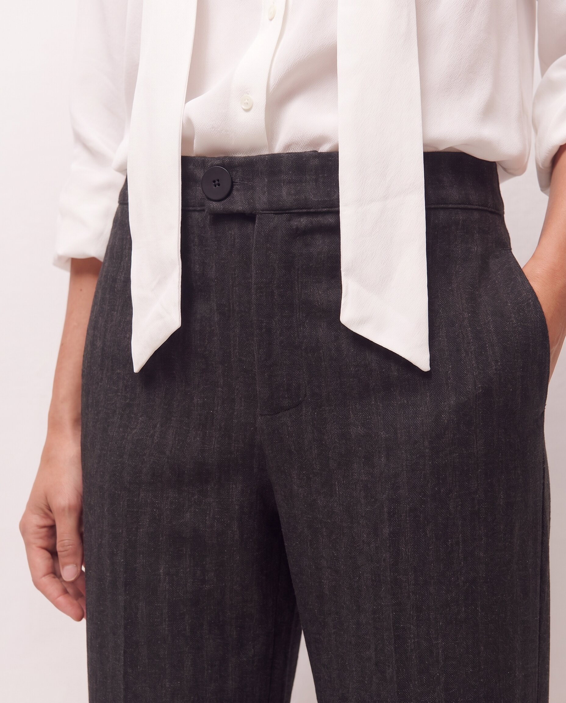 Pantalón ancho de mujer con tejido efecto denim - System Action - Negro Negro-5