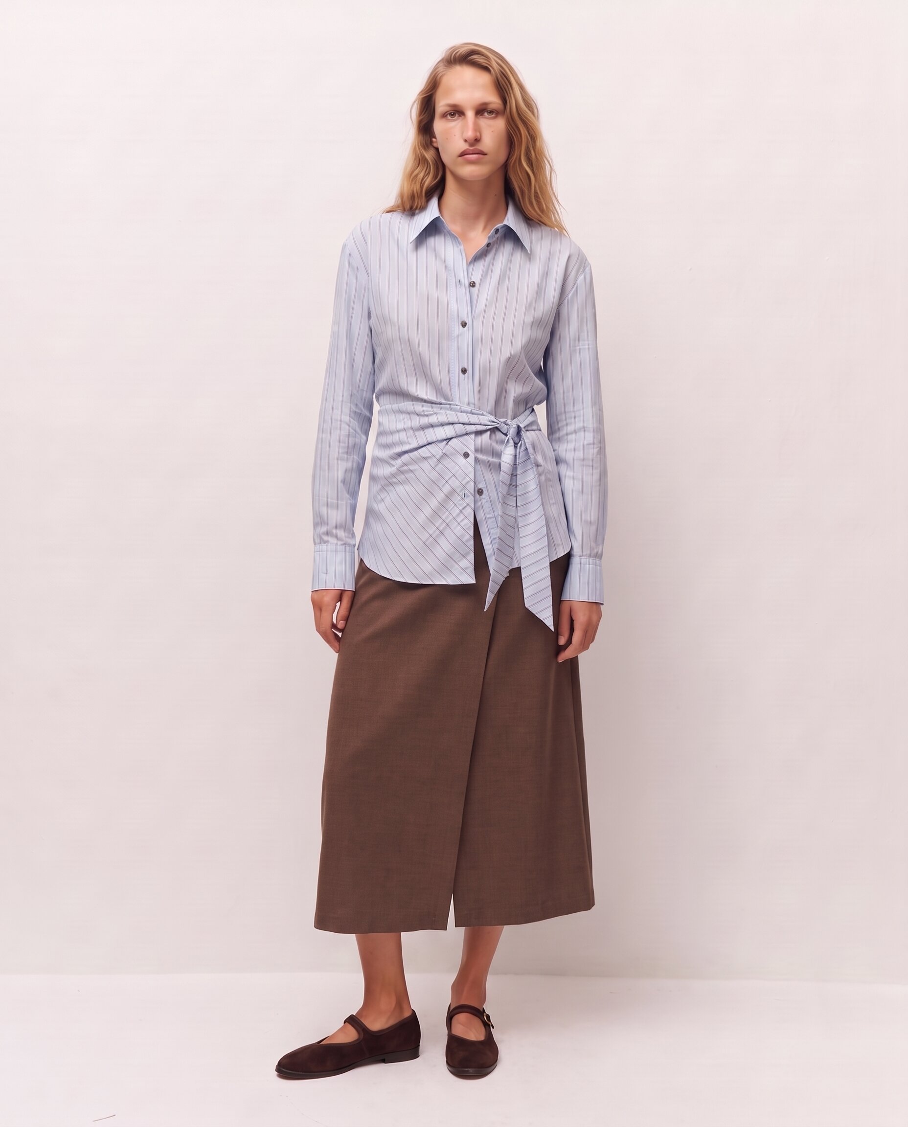 Camisa de mujer de rayas con detalle de lazo en la cintura - System Action - Azul Azul-3