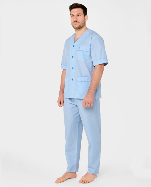 Pyjama Homme El Búho Nocturno - Short En Popeline Coton - Coupe Régulière Avec Poches - Motif Carrés Bleus