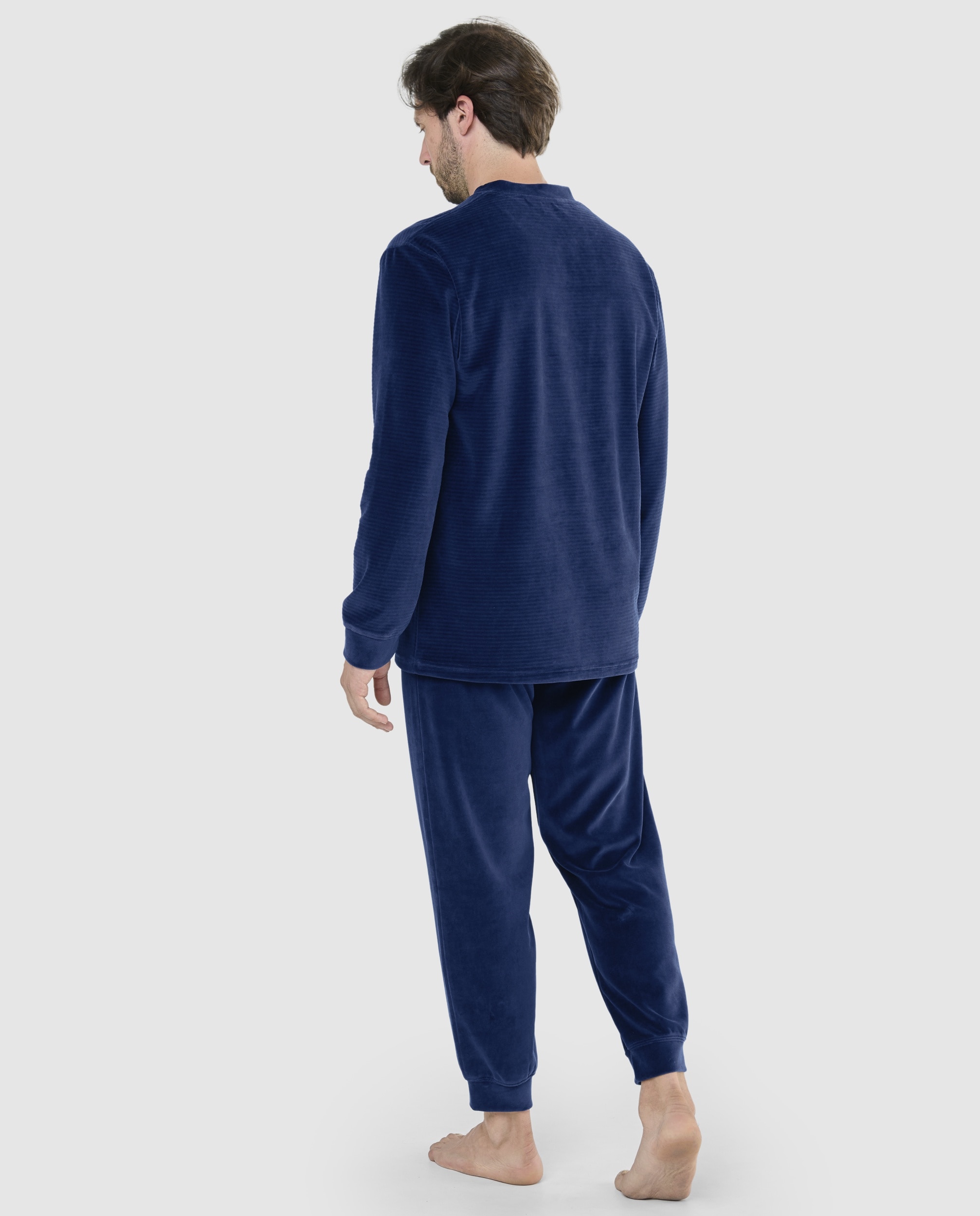Pijama largo de hombre de terciopelo color azul - El Búho Nocturno - Azul marino Azul marino-2