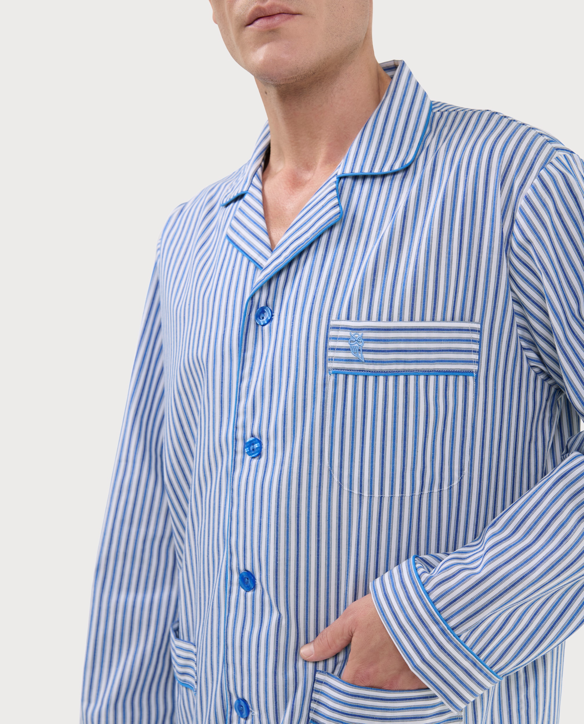 Pijama completo de hombre de tela color azul - El Búho Nocturno - Azul claro Azul claro-3