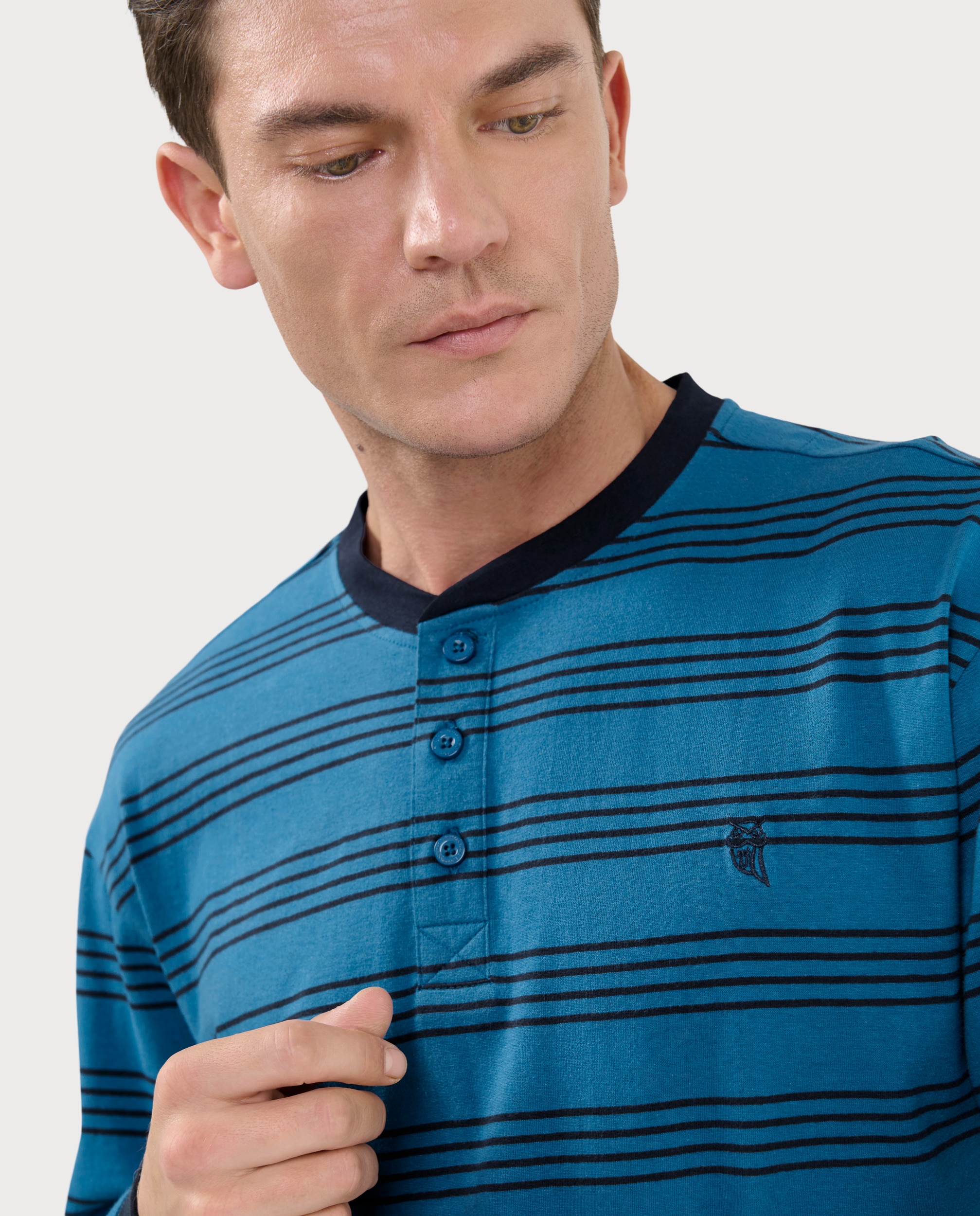 Pijama largo de hombre de punto color - El Búho Nocturno - Azul Azul-3