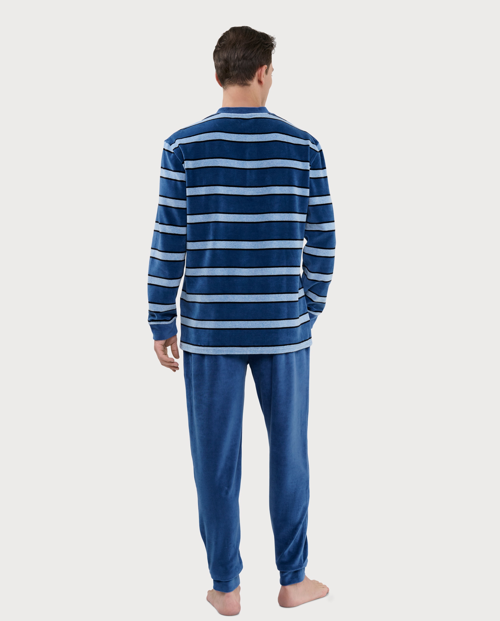 Pijama largo de hombre de terciopelo color - El Búho Nocturno - Azul Azul-2