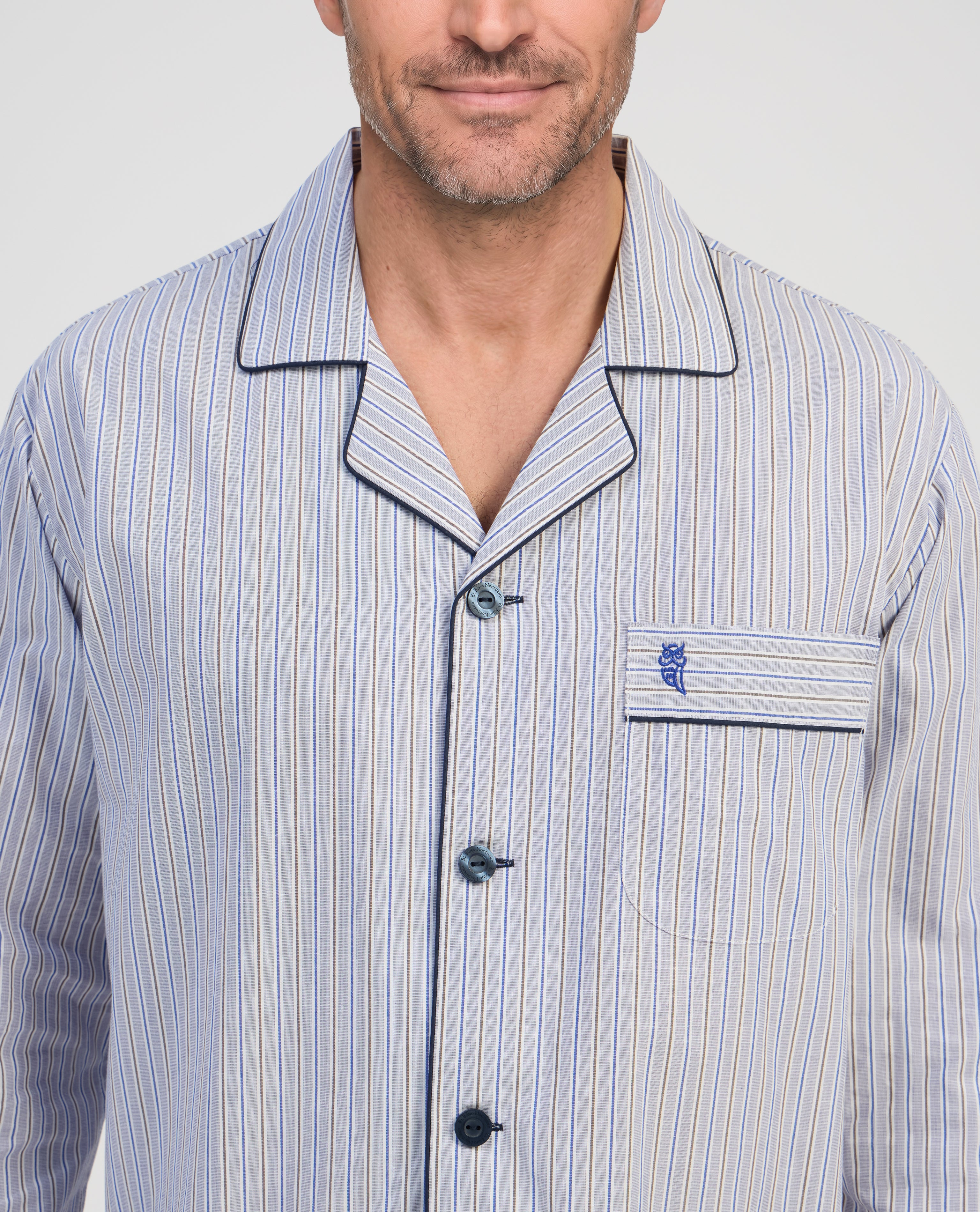 Pijama largo de hombre de tela color azul - El Búho Nocturno - Azul claro Azul claro-3