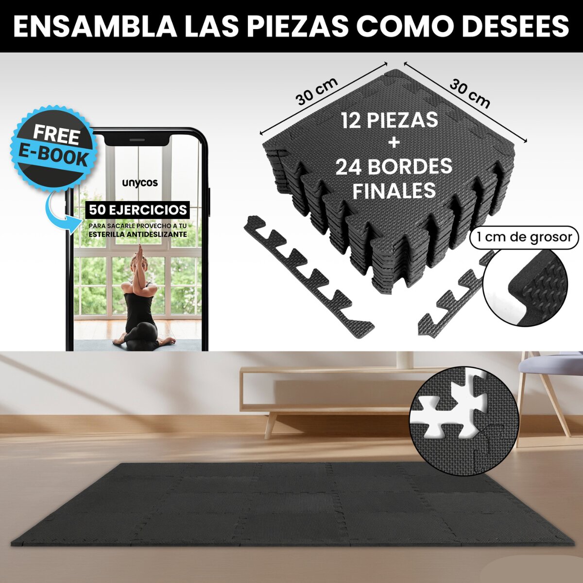 Imagen 3 de Esterilla de fitness puzzle protector de suelo de gimnasio Unycos - Negro Negro