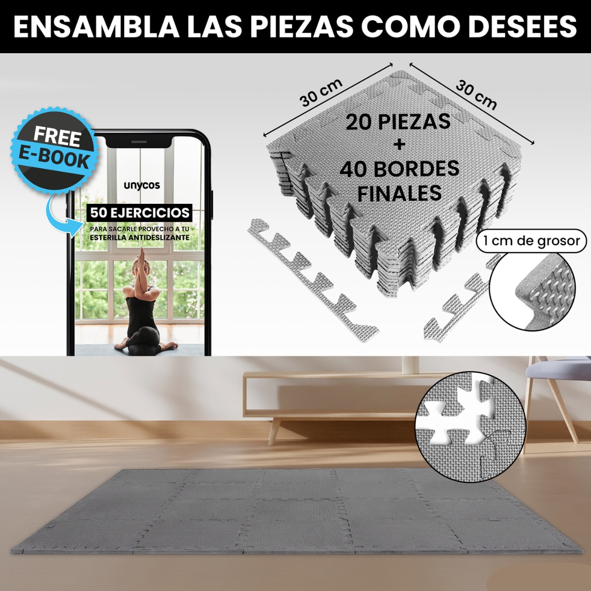Esterilla de fitness puzzle protector de suelo de gimnasio Unycos - Gris Gris-3