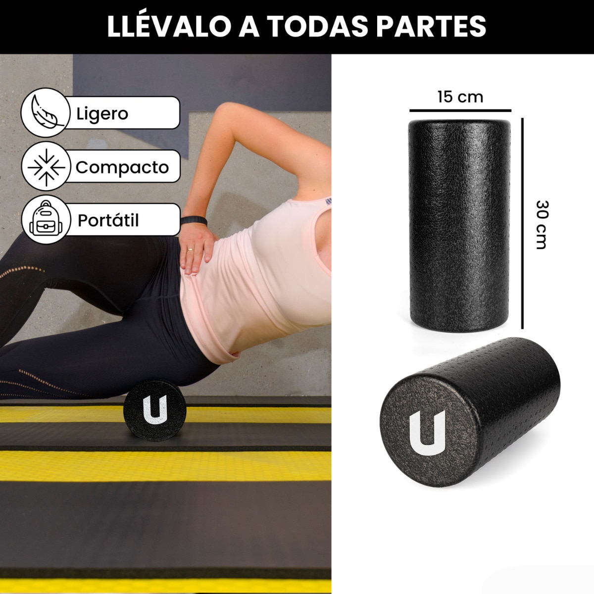 Rodillo para masajes musculares de espuma Foam Roller Unycos - Negro Negro-6