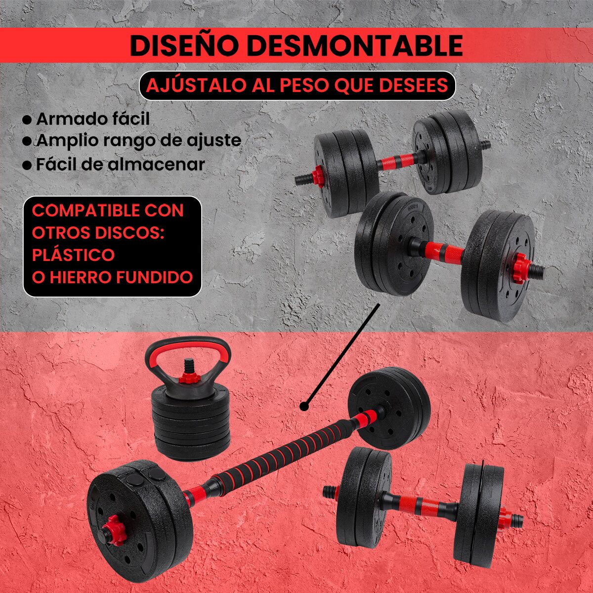 Imagen 4 de Kit de mancuernas ajustables Red Transformer Unycos - Rojo Rojo