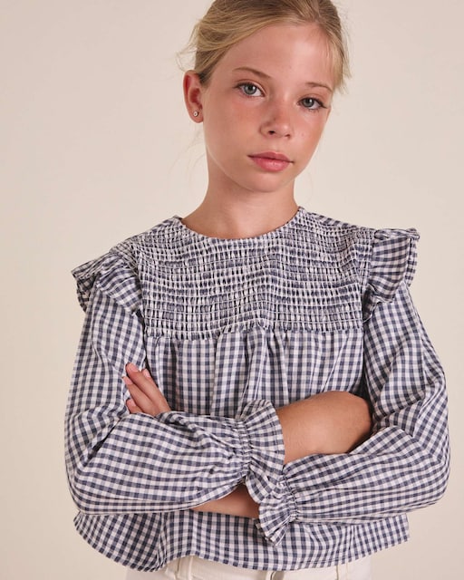 Imagen 0 de Blusa manga larga de niña de cuadros vichy azul y blanco con pecho elástico