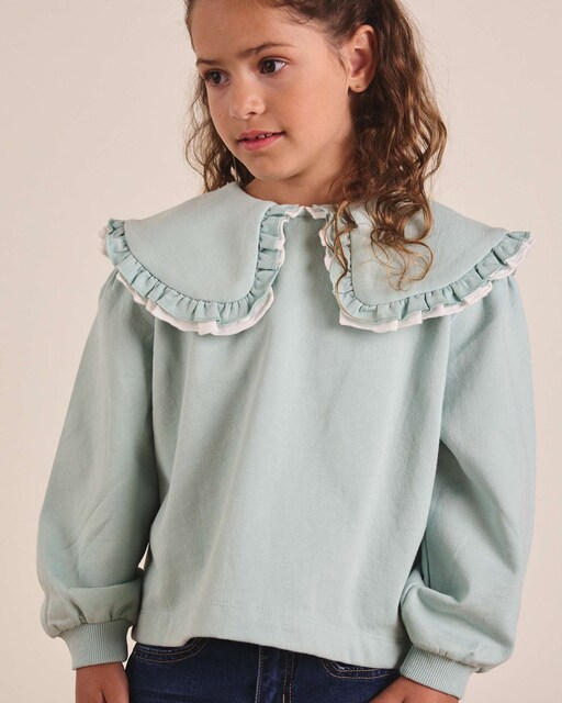 Imagen 0 de Sudadera de niña en verde agua con cuello Peter Pan