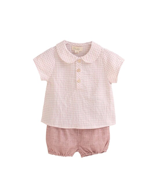 Imagen 0 de Conjunto de bebé niño de camisa de cuadros y short rosa palo lavado