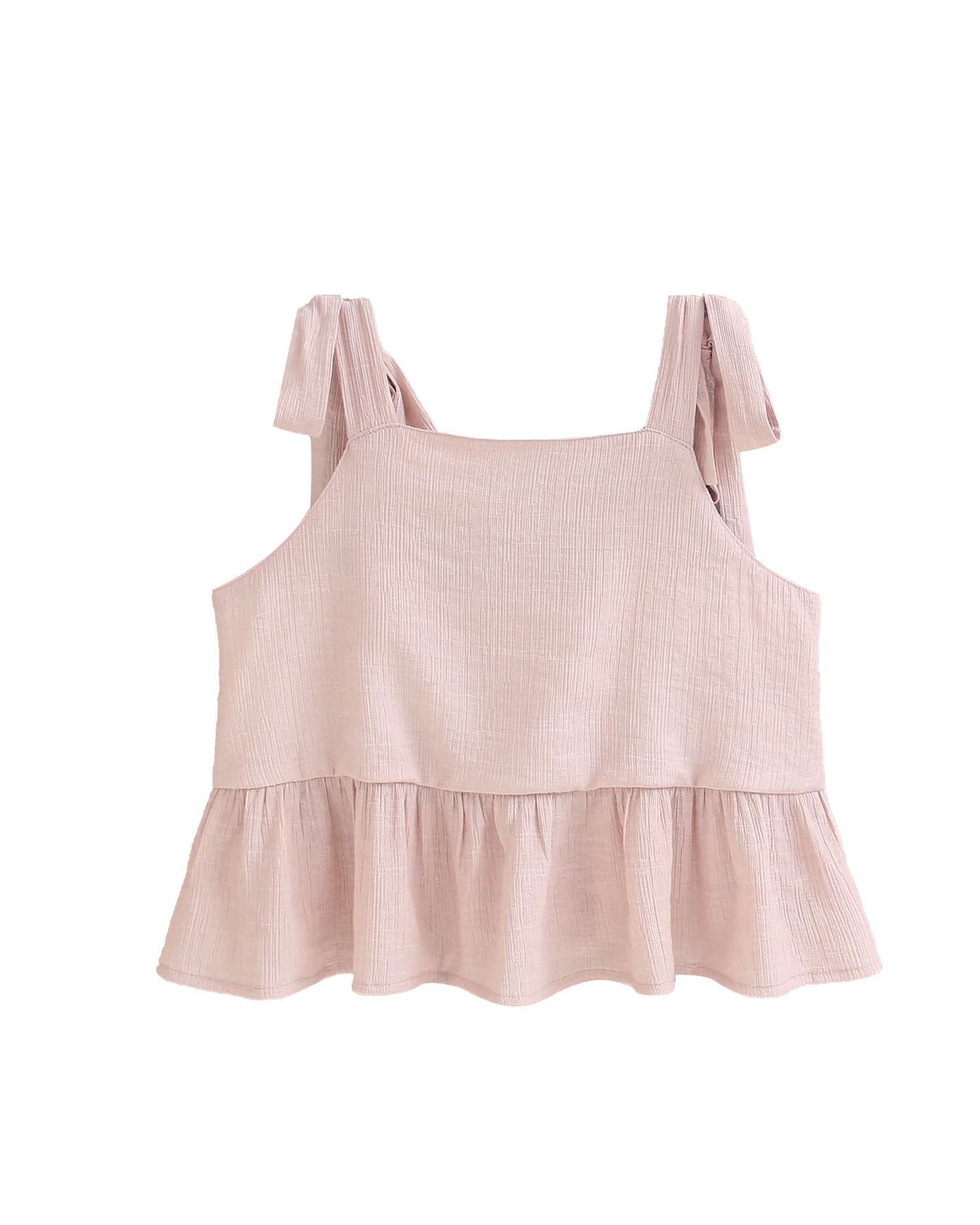 Blusa de niña rosa con lazadas en hombros y volante en bajo