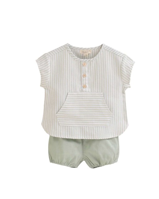 Imagen 0 de Conjunto de bebé niño de camisa de rayas verde pastel y blanco y short verde pastel oscuro
