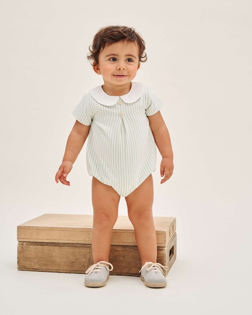 Imagen 0 de Ranita de bebé niño en rayas verde pastel y blanco con cuello bebé