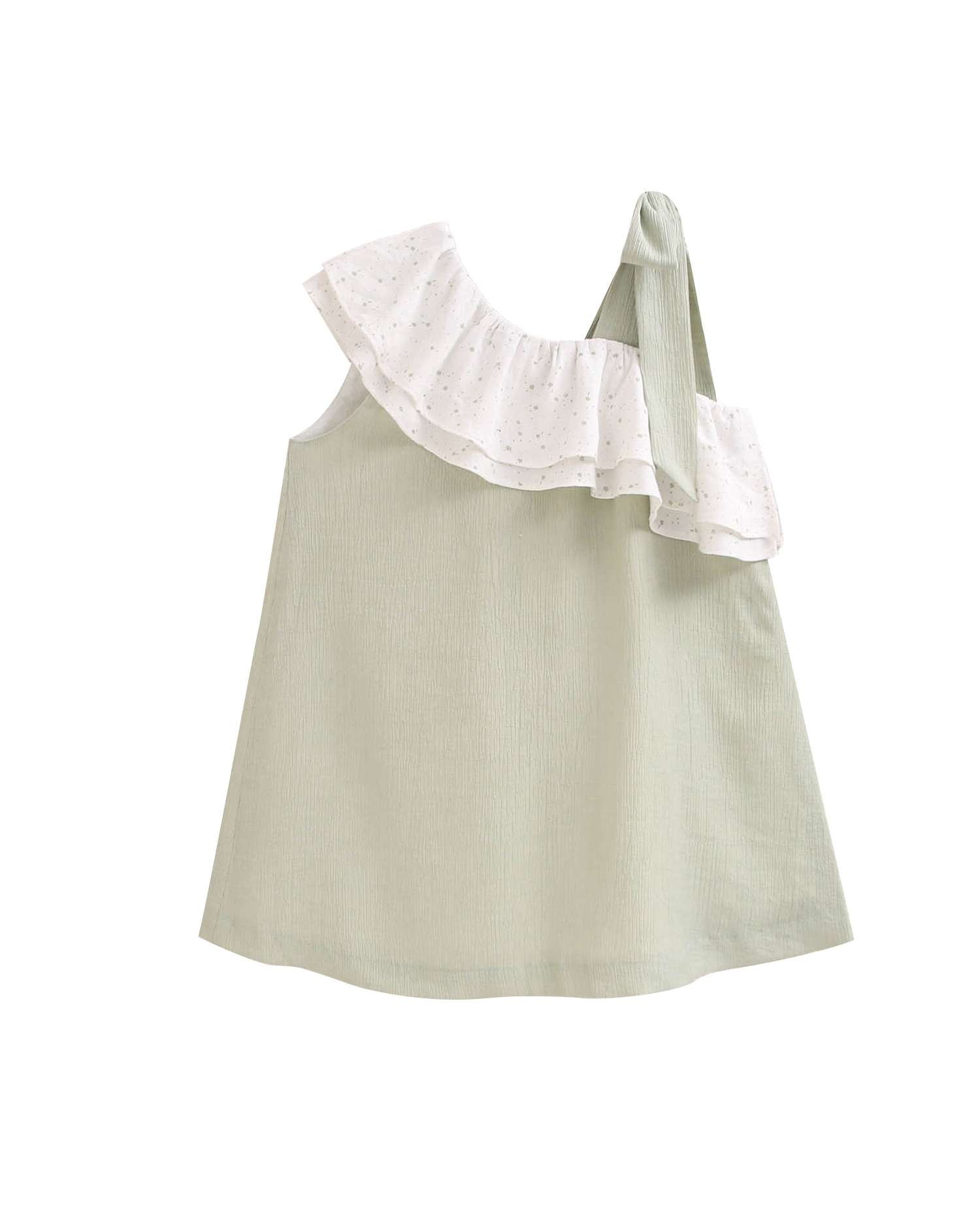 Vestido de niña verde pastel con volante asimétrico y lazo en tirante