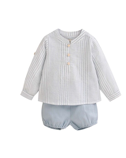 Imagen 0 de Conjunto de bebé niño de camisa de rayas azul y blanco y short azulón