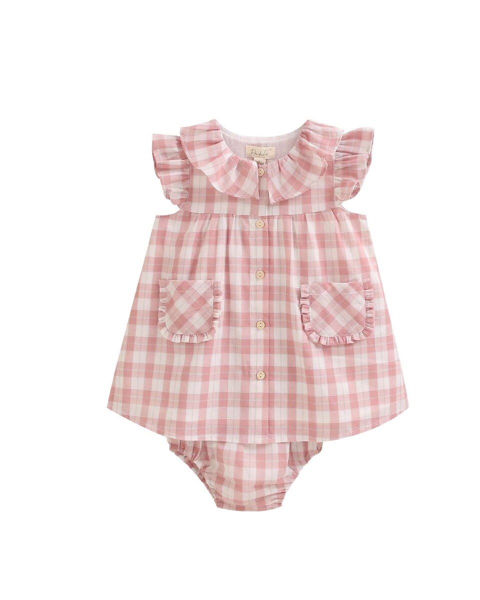Vestido de bebé de cuadro vichy rosa con bolsillos y braguita a