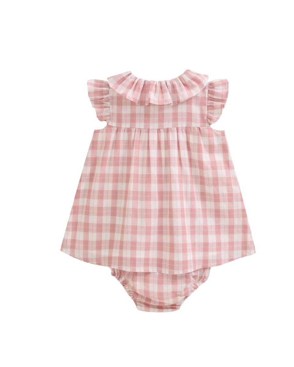 Vestido de bebé de cuadro vichy rosa con bolsillos y braguita a