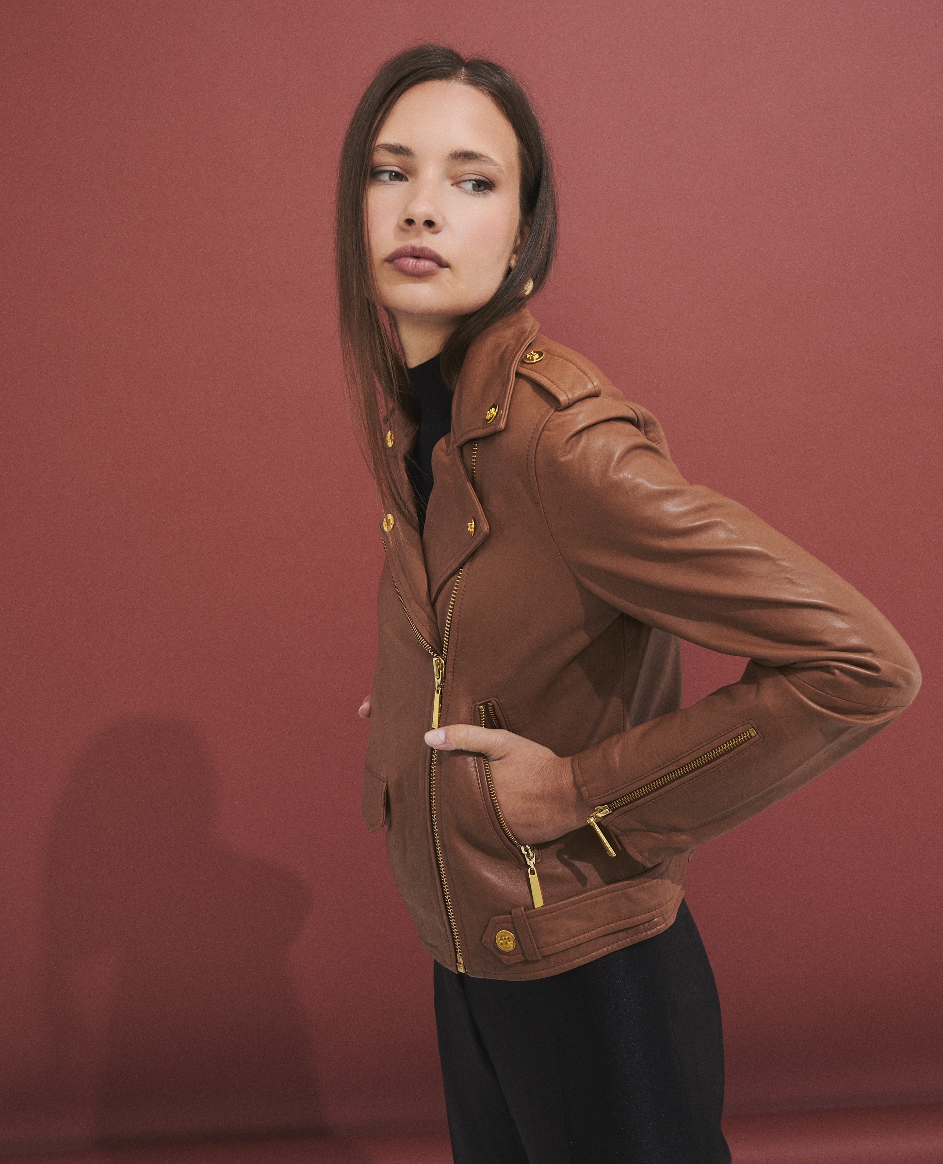 Chaqueta 100% piel de mujer estilo biker - Hannibal Laguna Collection - Camel Camel-1
