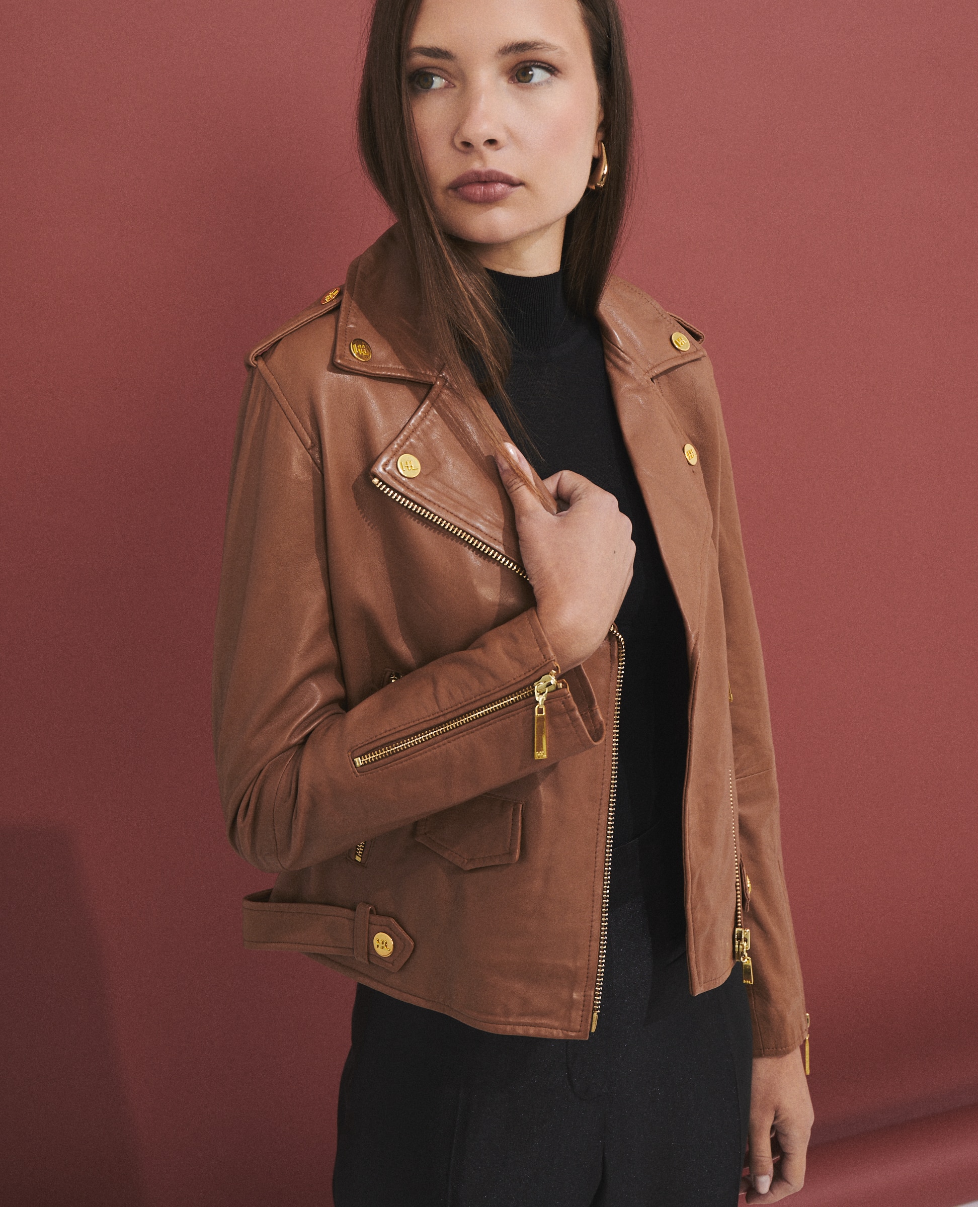 Chaqueta 100% piel de mujer estilo biker - Hannibal Laguna Collection - Camel Camel-3