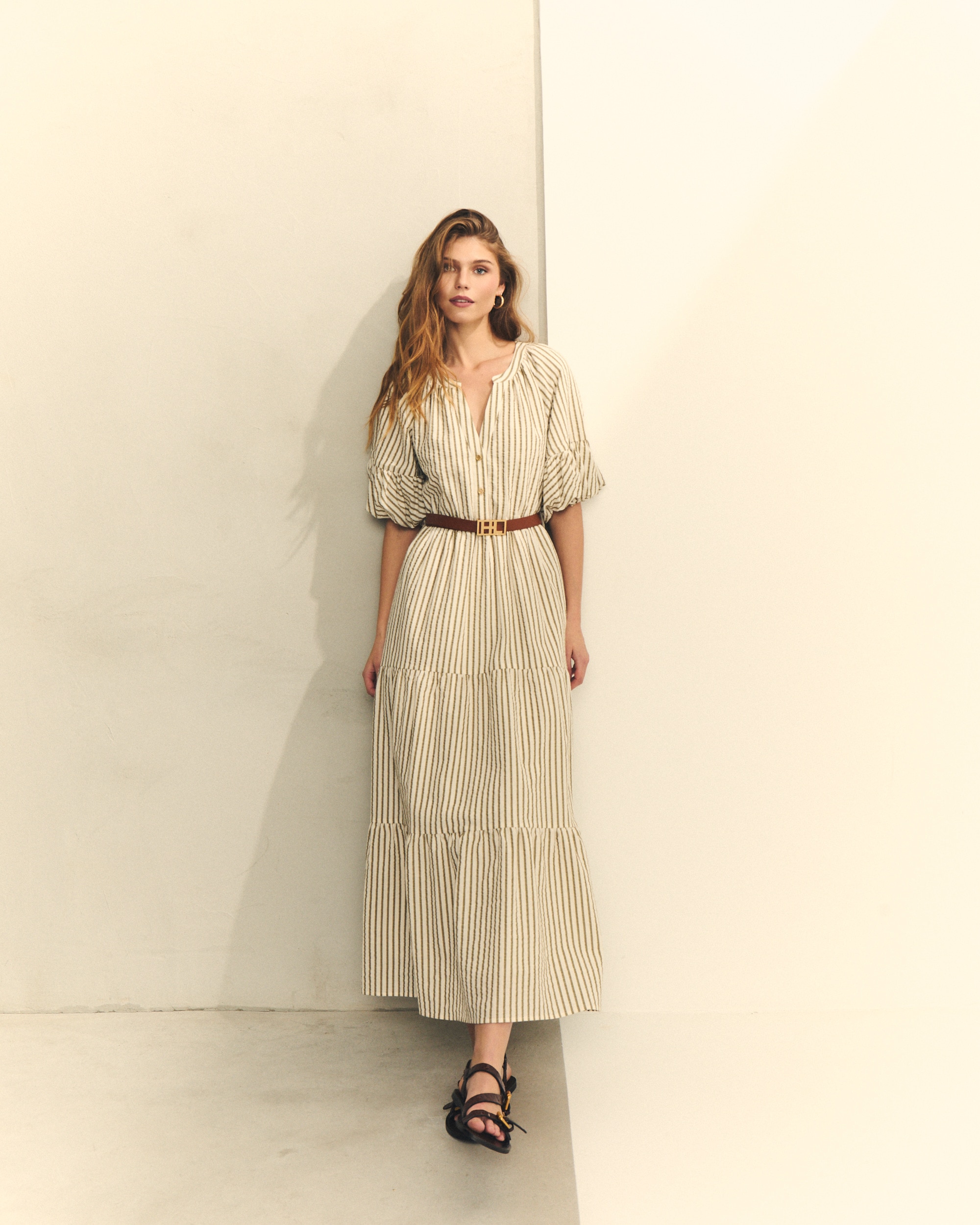 Vestido midi de rayas - Hannibal Laguna Collection - Beige Beige-1