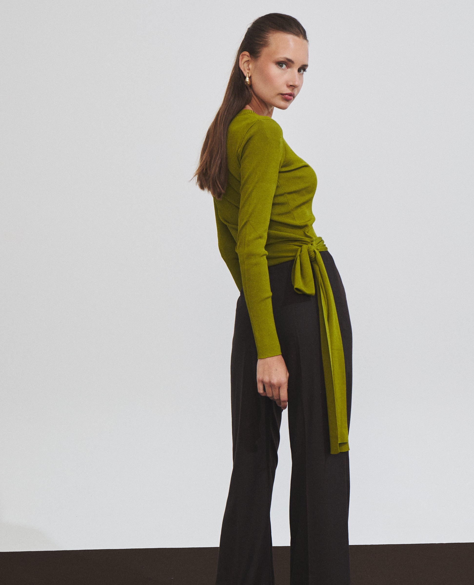Jersey de mujer de punto canalé con lazada en la cintura - Hannibal Laguna Collection - Verde Oliva Verde Oliva-1