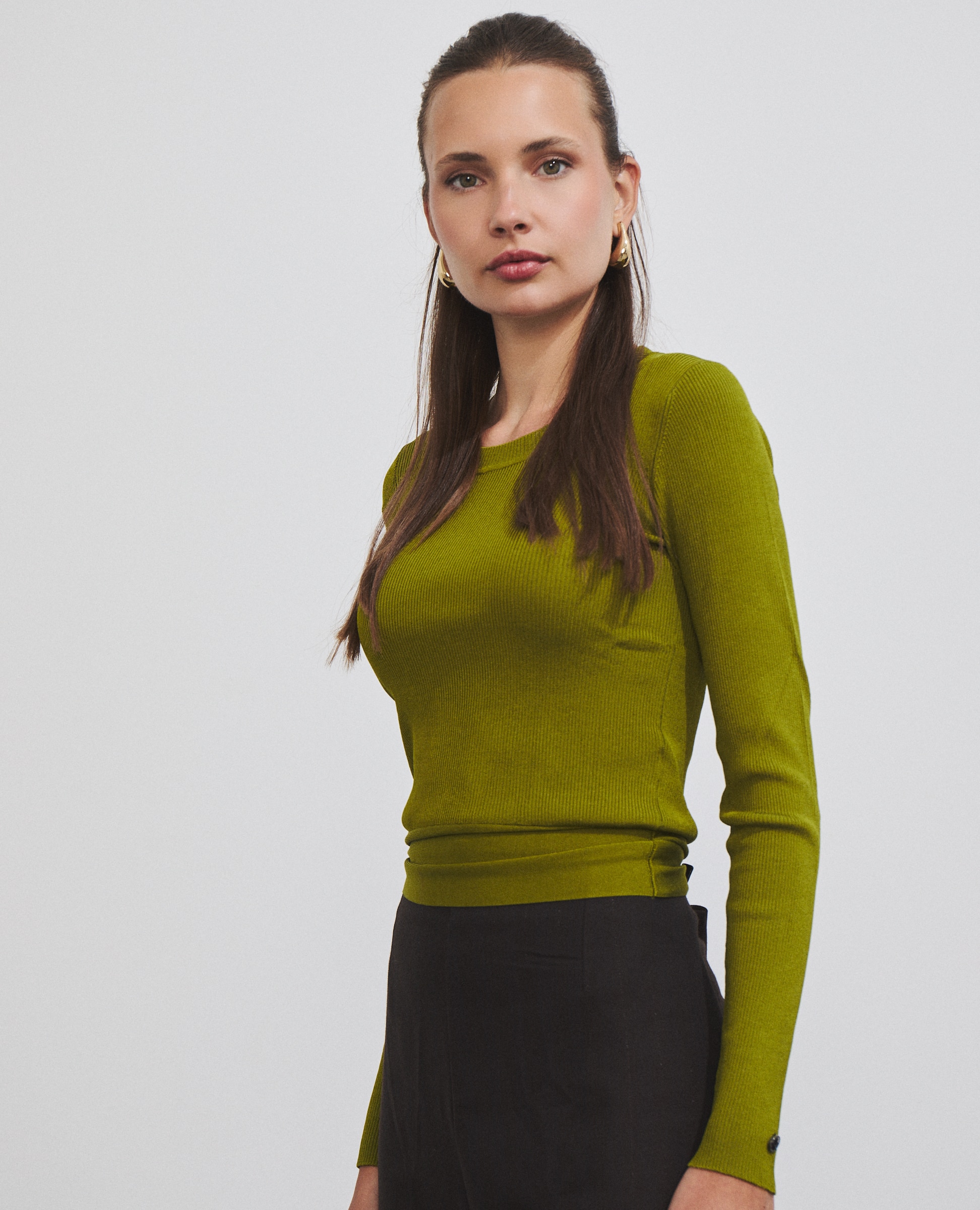 Jersey de mujer de punto canalé con lazada en la cintura - Hannibal Laguna Collection - Verde Oliva Verde Oliva-2