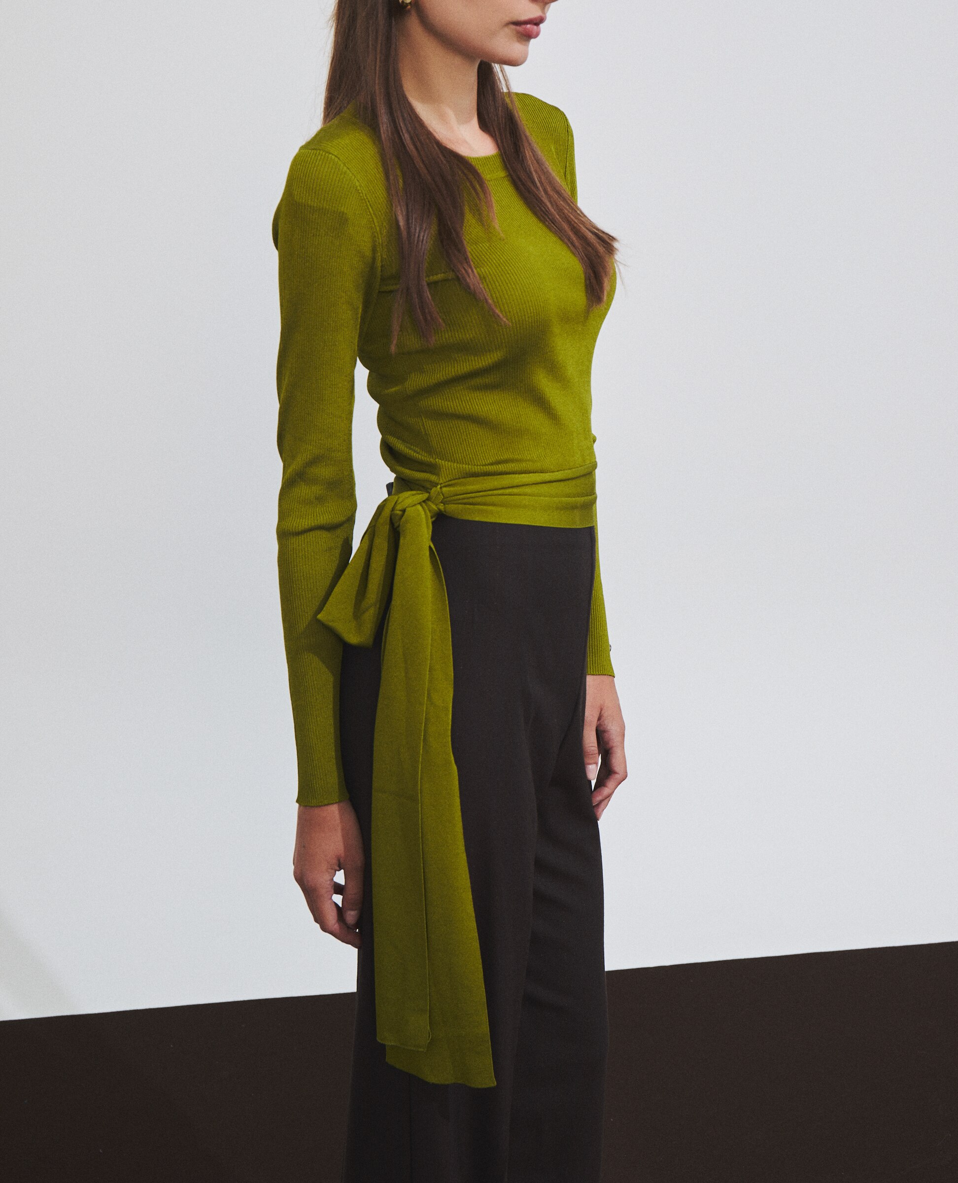 Jersey de mujer de punto canalé con lazada en la cintura - Hannibal Laguna Collection - Verde Oliva Verde Oliva-3