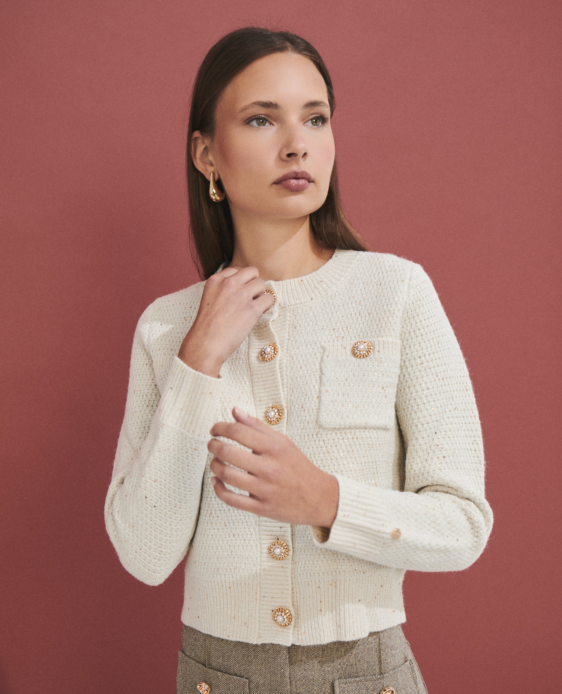 Chaqueta corta de mujer de punto con bolsillos de parche - Hannibal Laguna Collection - Natural Natural-1