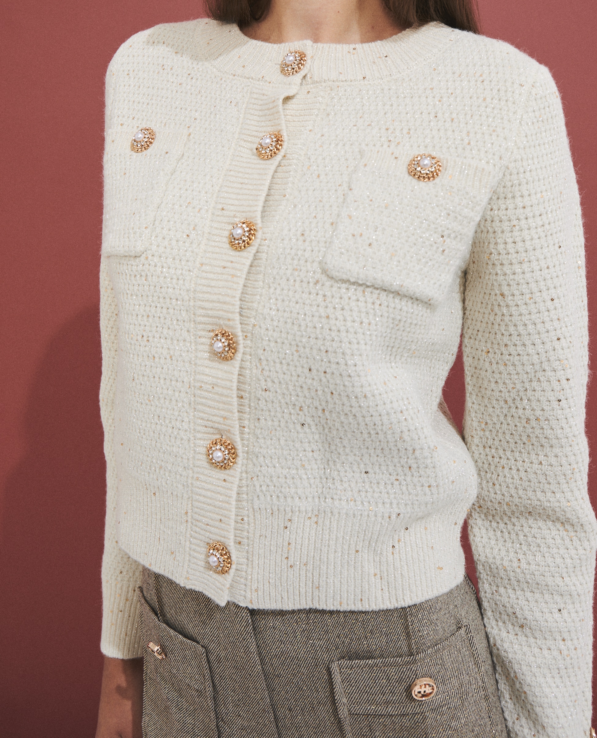 Chaqueta corta de mujer de punto con bolsillos de parche - Hannibal Laguna Collection - Natural Natural-3