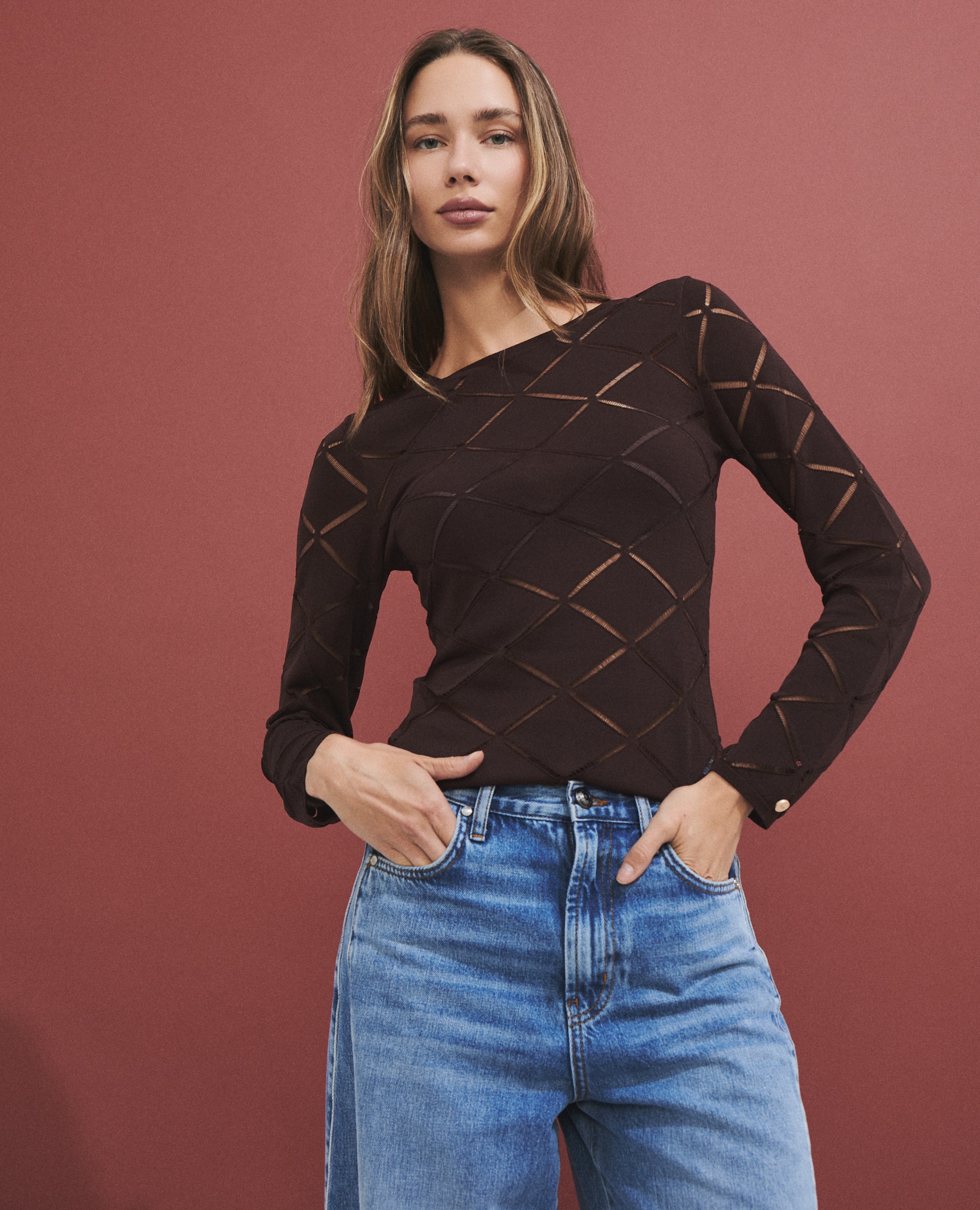 Jersey de mujer con detalle geométrico calado - Hannibal Laguna Collection - Marrón Marrón-3