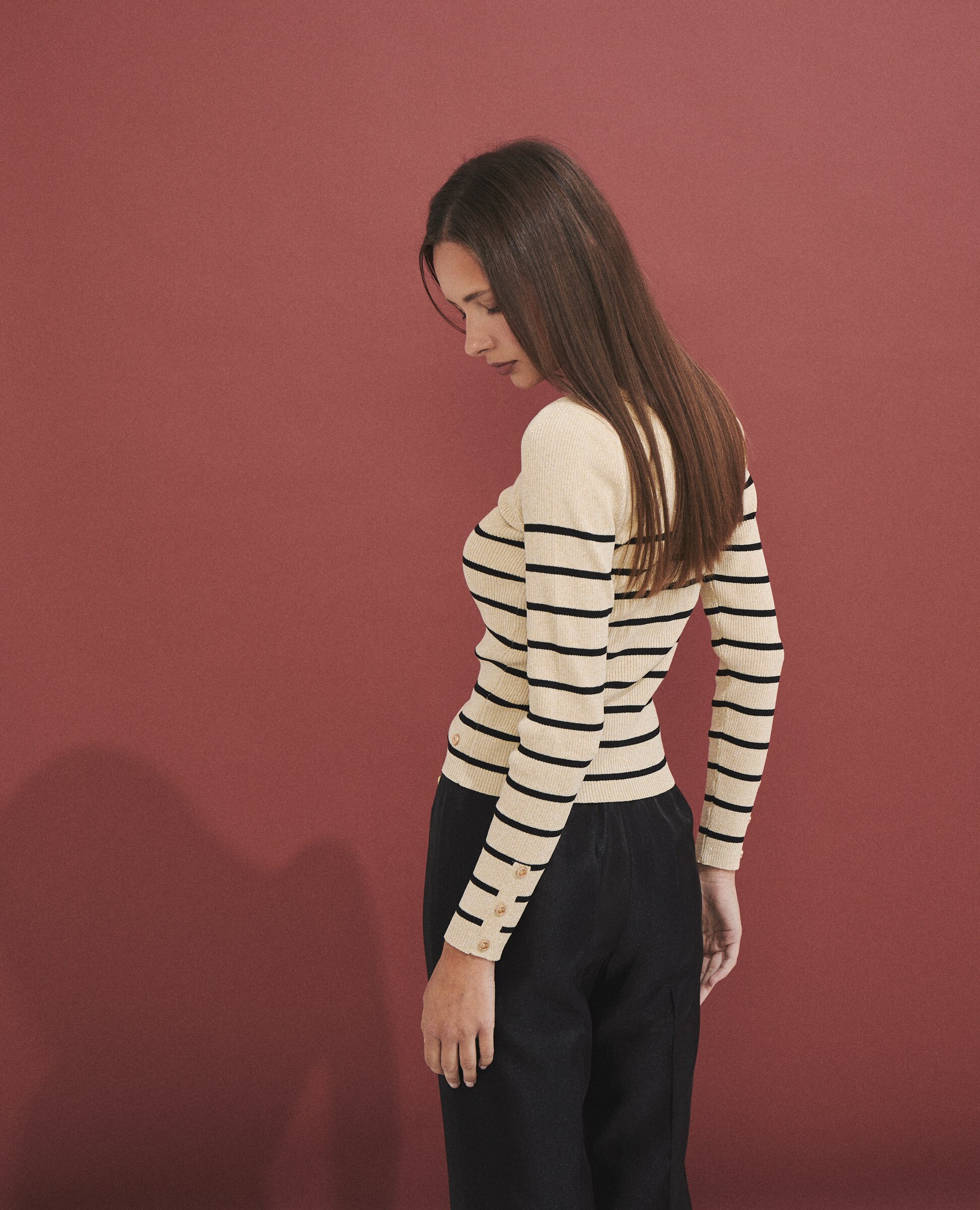 Jersey de mujer de punto a rayas con botones decorativos - Hannibal Laguna Collection - Crudo Crudo-3