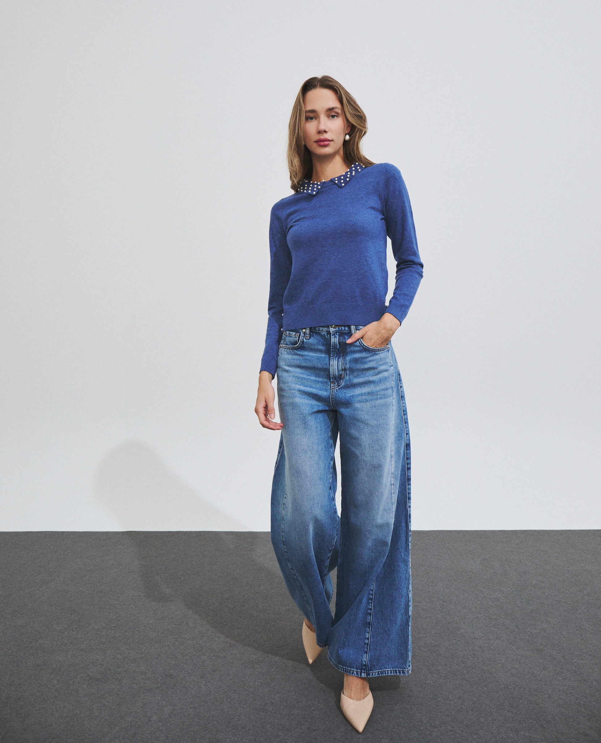 Jersey de mujer con cuello adornado con perlas - Hannibal Laguna Collection - Azul Azul-2