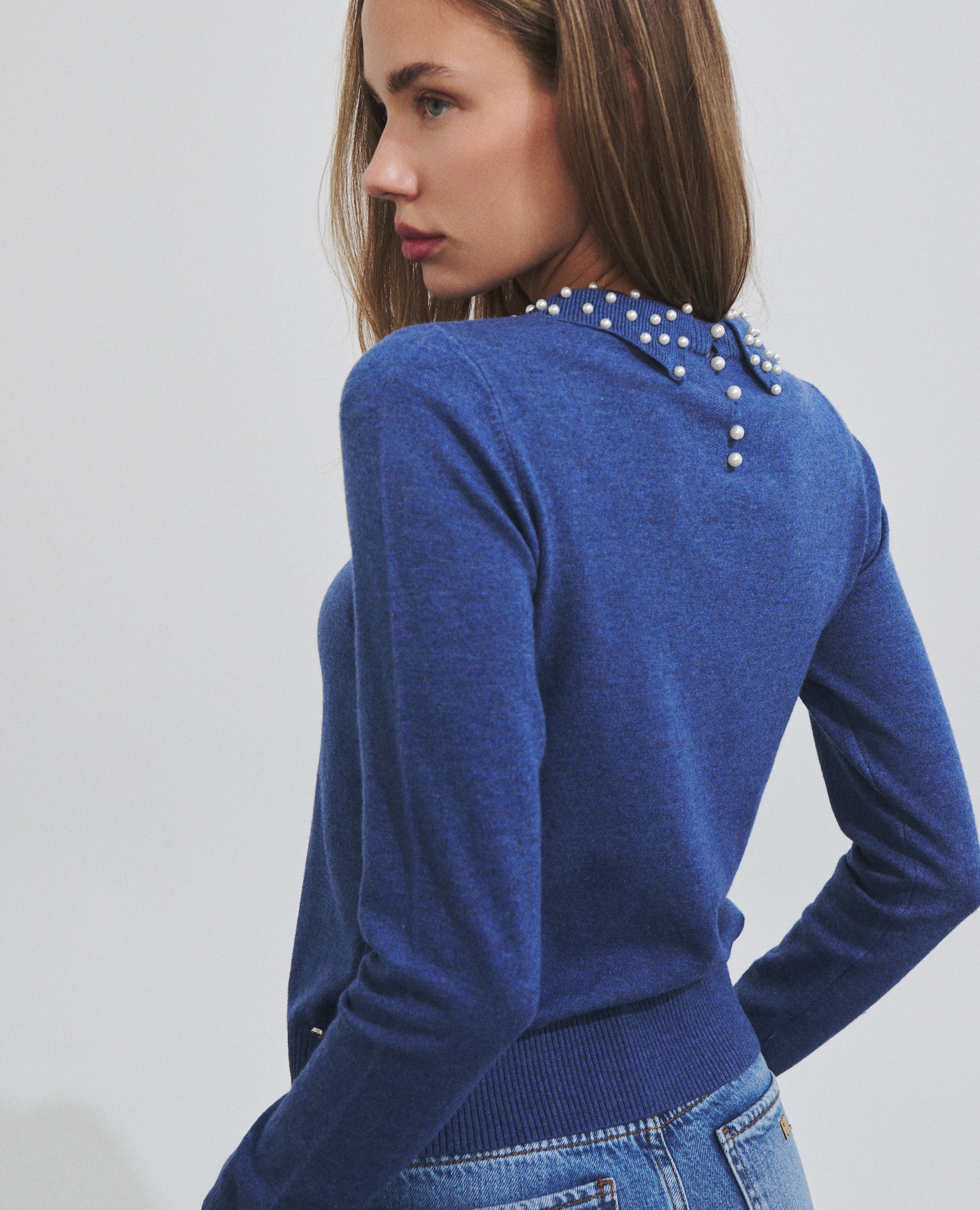 Jersey de mujer con cuello adornado con perlas - Hannibal Laguna Collection - Azul Azul-4