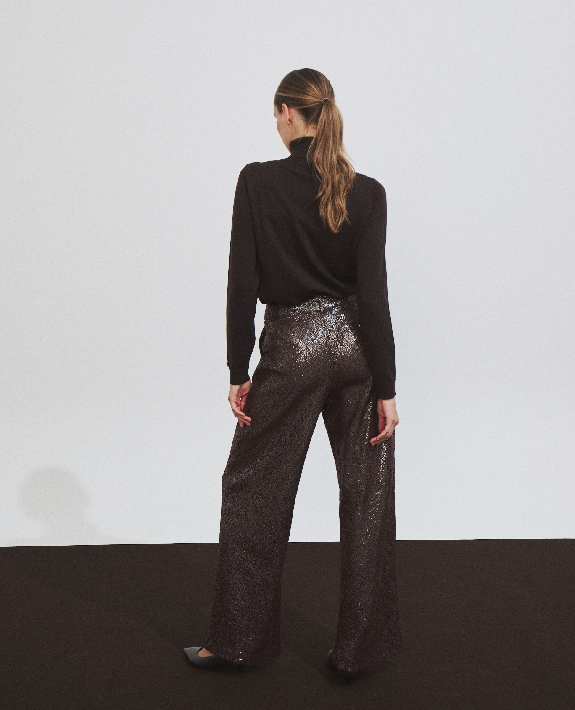 Pantalón de mujer con encaje y corte ancho - Hannibal Laguna Collection - Marrón Marrón-3