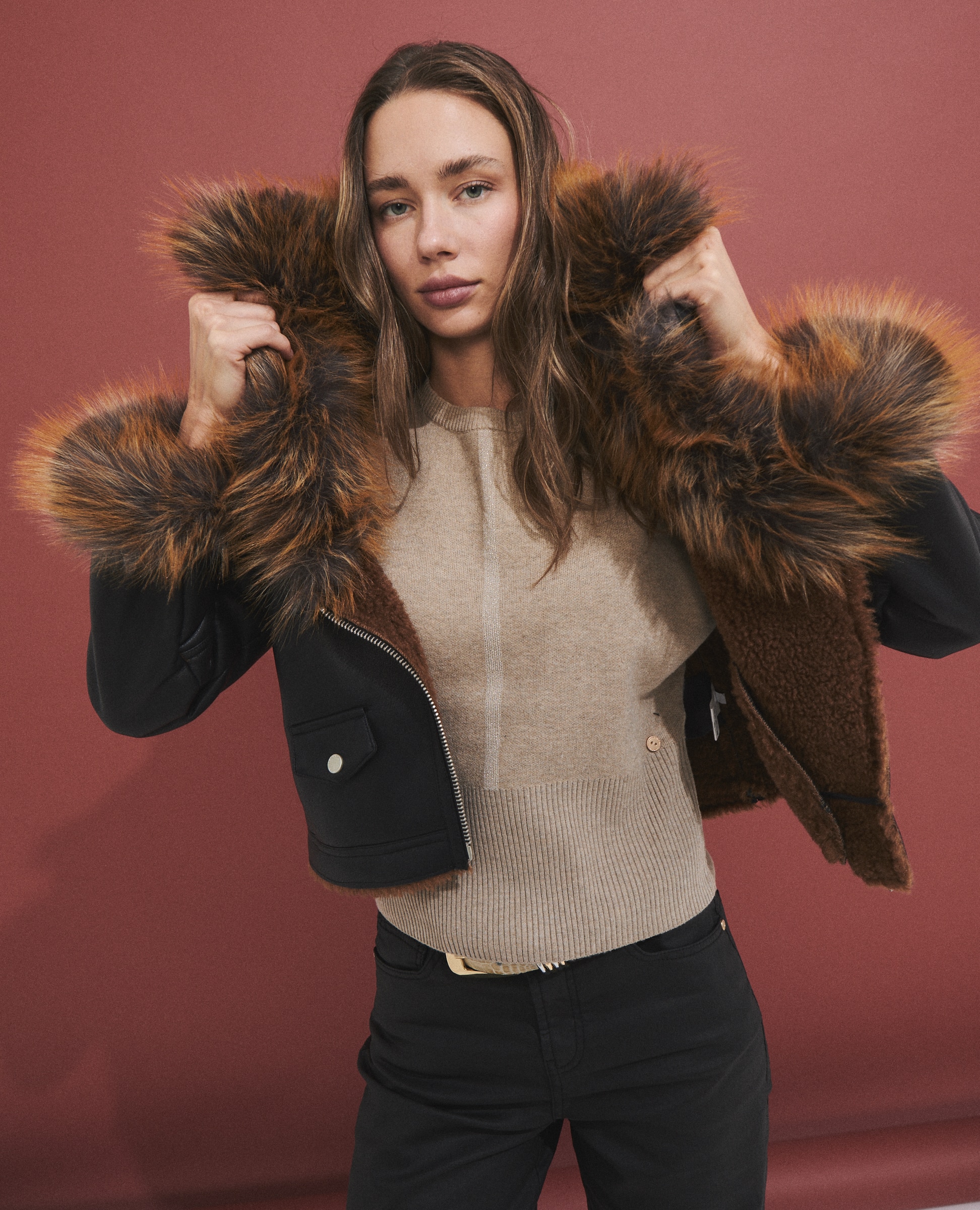 Imagen 2 de Chaqueta biker de mujer con cuello de pelo - Hannibal Laguna Collection - Negro Negro