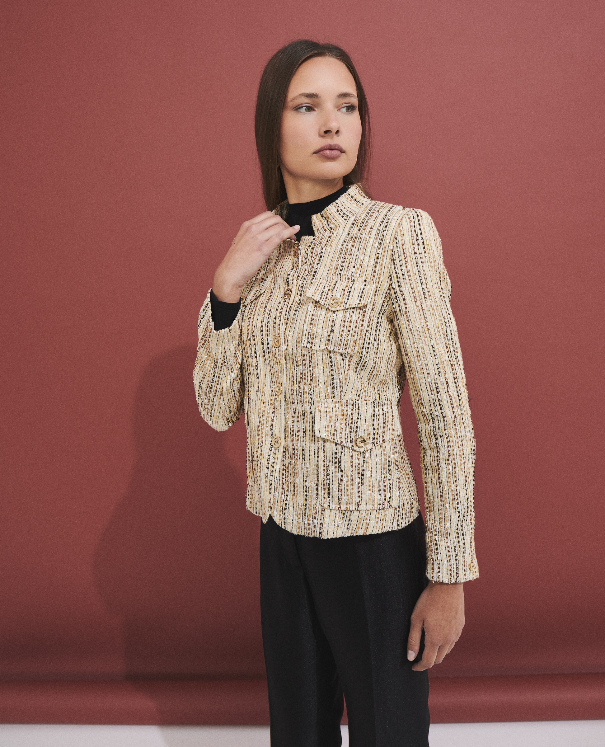 Chaqueta de mujer con tejido tipo tweed - Hannibal Laguna Collection - Beige/Marrón Beige/Marrón-4