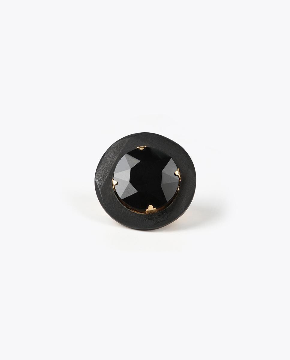 Anillo elástico con detalle joya y madera Negro-1