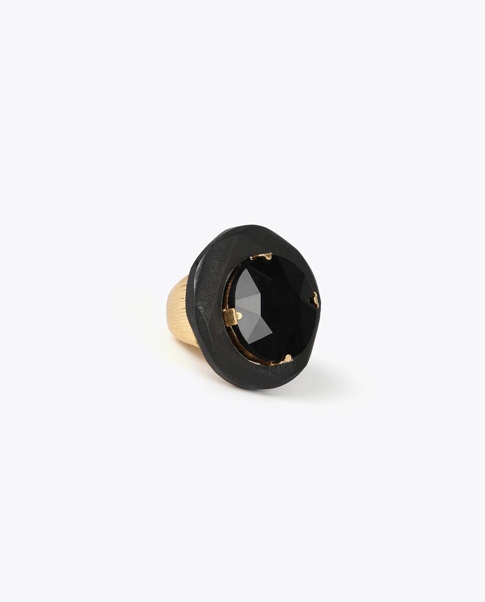 Anillo elástico con detalle joya y madera Negro-2