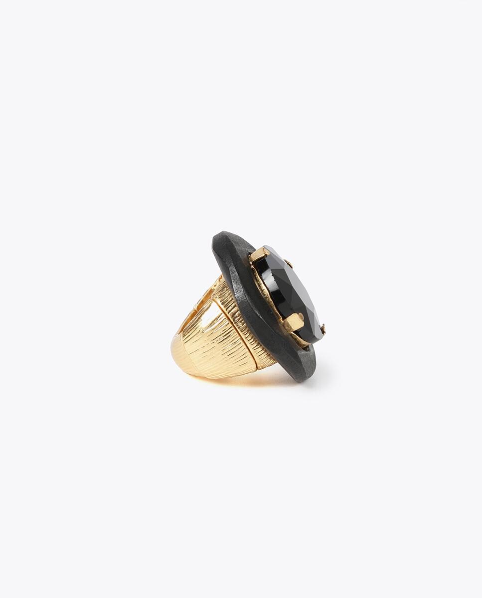 Anillo elástico con detalle joya y madera Negro-3