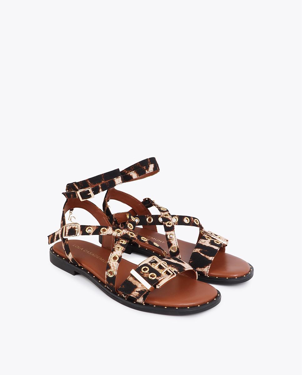 Sandalias romanas de mujer animal print con tiras y hebillas personalizadas - Lola Casademunt - Marrón / Blanco roto Marrón / Blanco roto-3