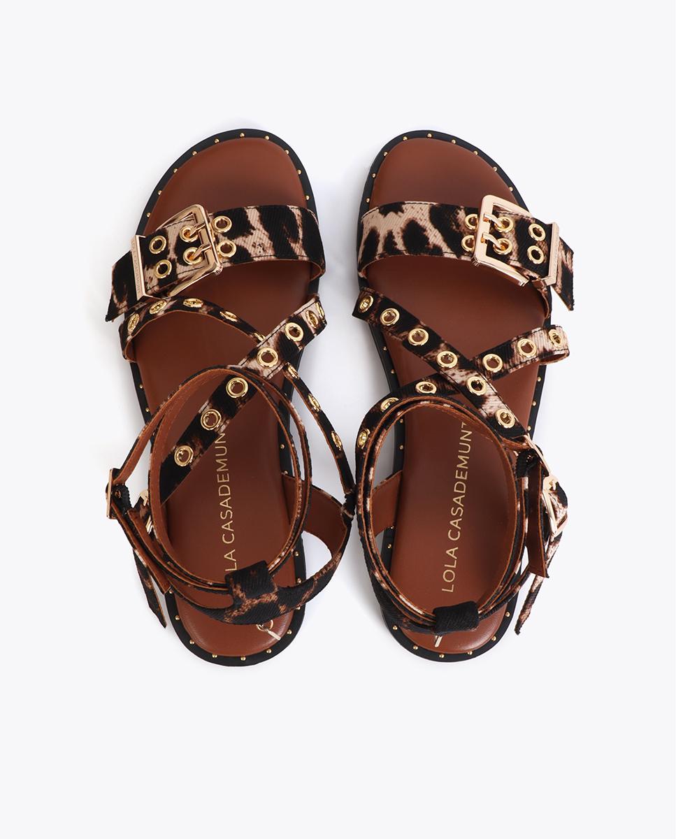 Sandalias romanas de mujer animal print con tiras y hebillas personalizadas - Lola Casademunt - Marrón / Blanco roto Marrón / Blanco roto-4
