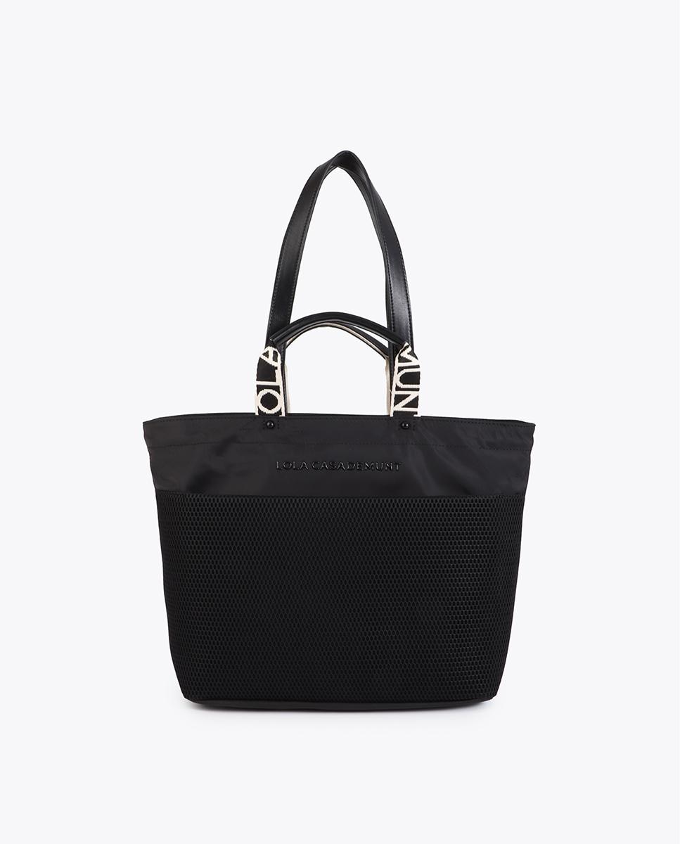Bolso shopper con bolsillos exteriores de malla y asas reforzadas